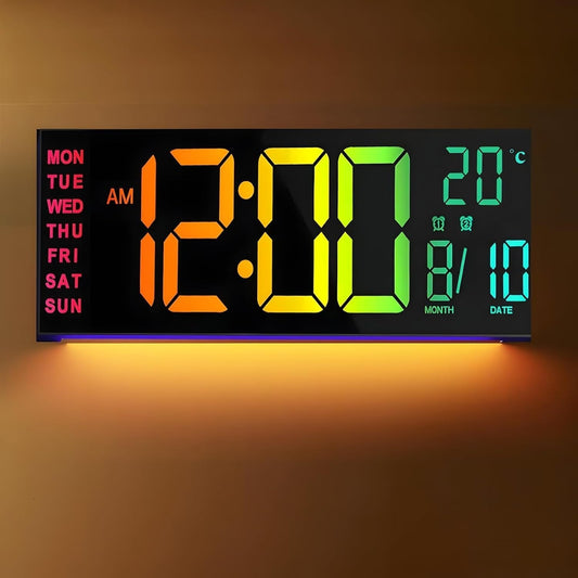 Large LED Digital Wall Clock with Rgb Color Display and Dual Alarm