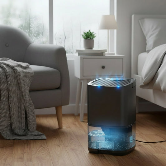 Portable Compact Air Dehumidifier with a Transparent Tank and Moisture Removal