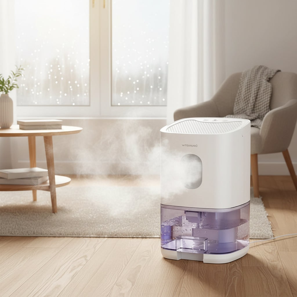 Portable Compact Air Dehumidifier with a Transparent Tank and Moisture Removal