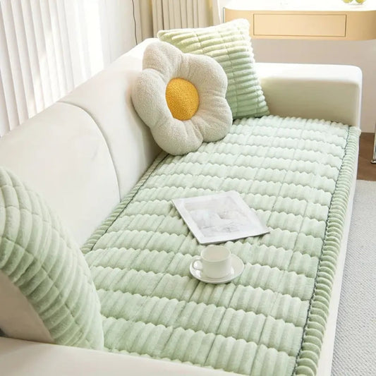 Plush Quilted Sofa Cushion Cover with Non-Slip Backing and Pleated Edges