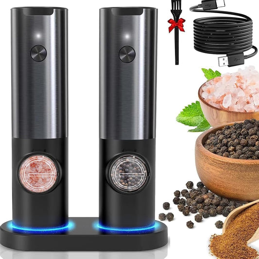 Adjustable LED Salt and Pepper Grinder Set - Rechargeable Electric