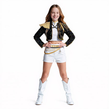 Carnival costume for a girl with a sequined jacket and carnival shorts