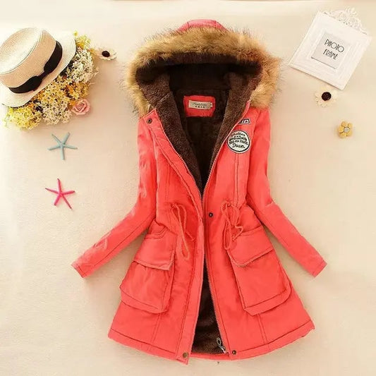 Women's Parka Jacket with Fleece Lining Faux Fur Hood and Drawstring Waist